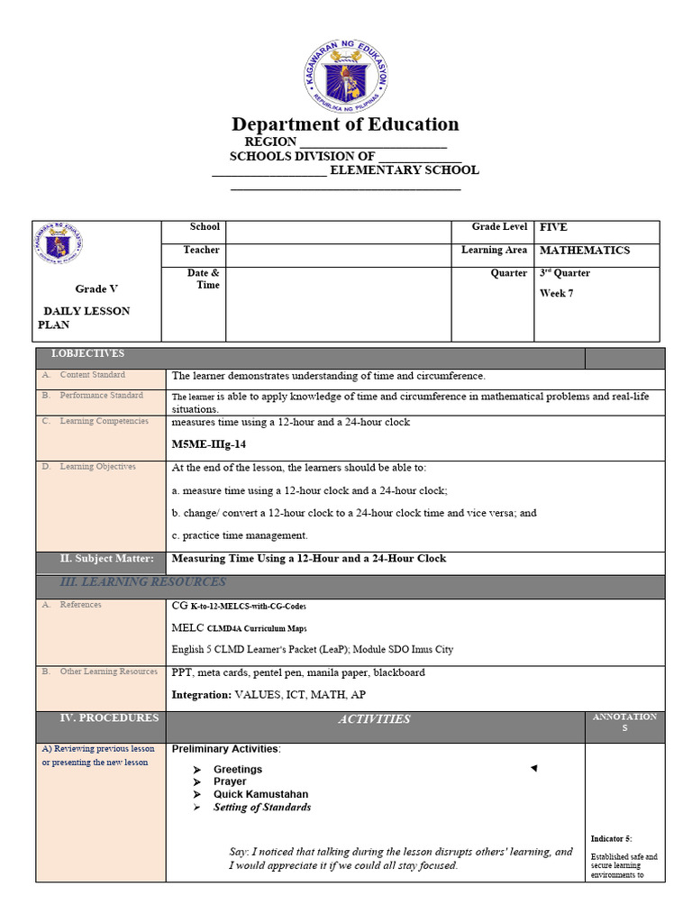 Grade V Math Lesson: Time Conversion | PDF | Learning | Time