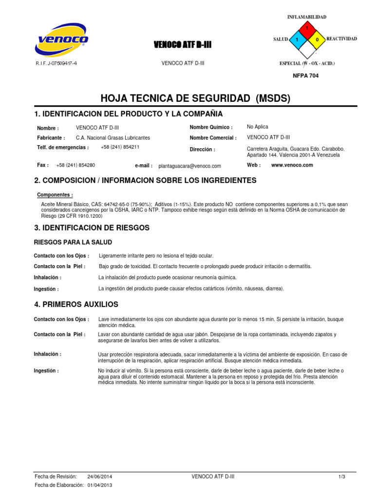 MSDS Atf D-Iii Venoco | PDF | Residuos | Agua