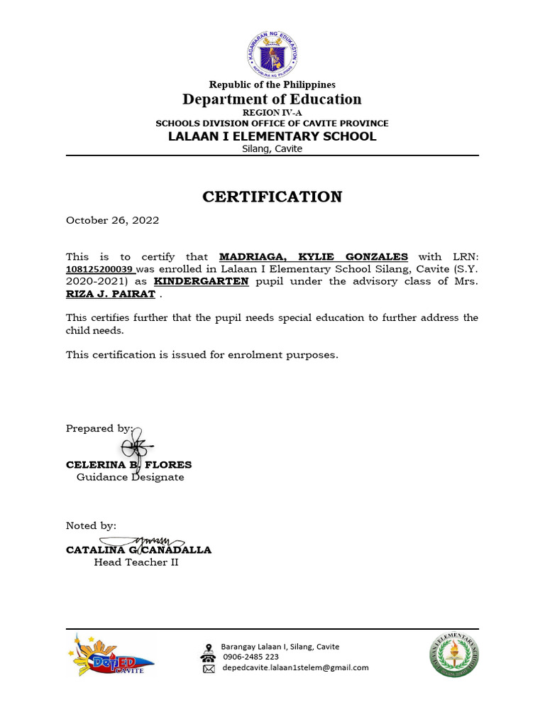 Kindergarten Enrollment Certification | PDF