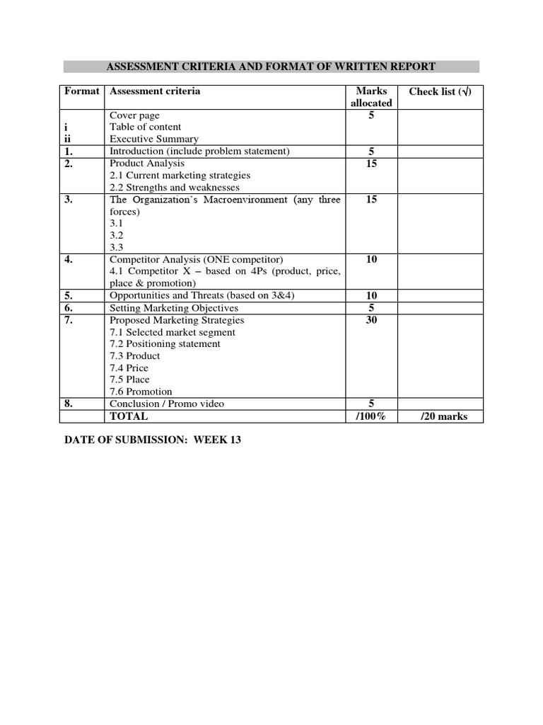 Marketing Report Assessment Criteria | PDF