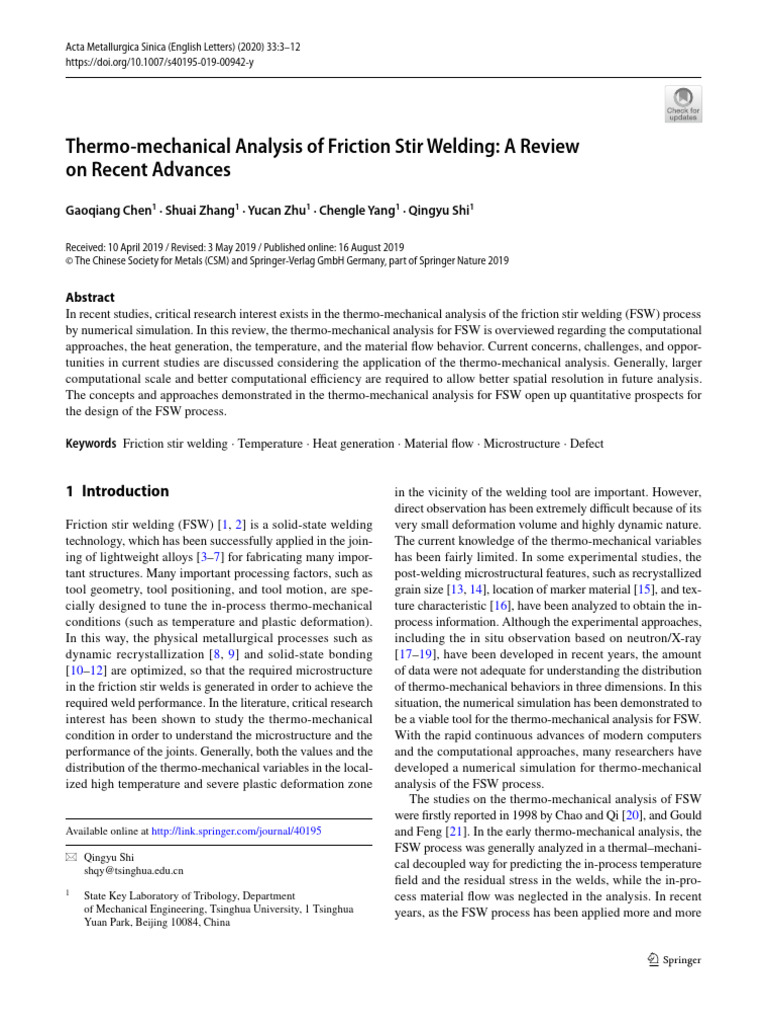 Thermo-Mechanical Analysis of Friction Stir Welding - A Review On ...