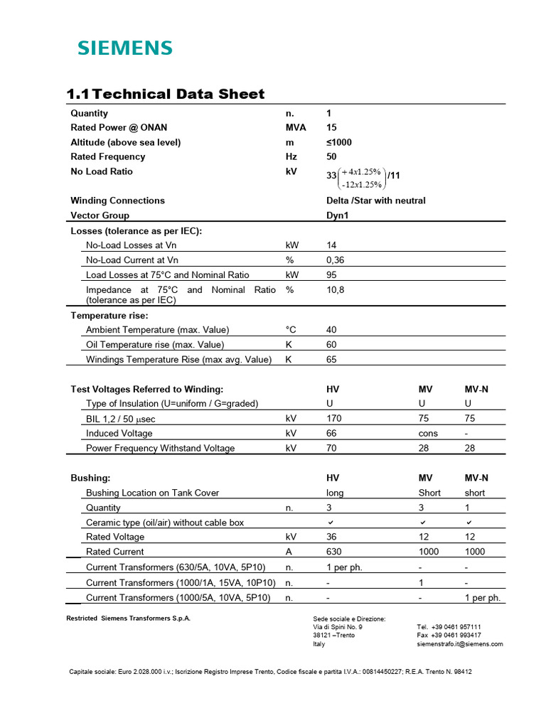 15 MVA Transformer Technical Data Sheet | PDF | Transformer | Metrology