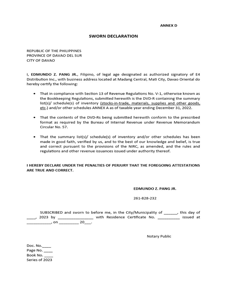SWORN DECLARATION FOR INVENTORY INDIVIDUAL PDF Notary Public