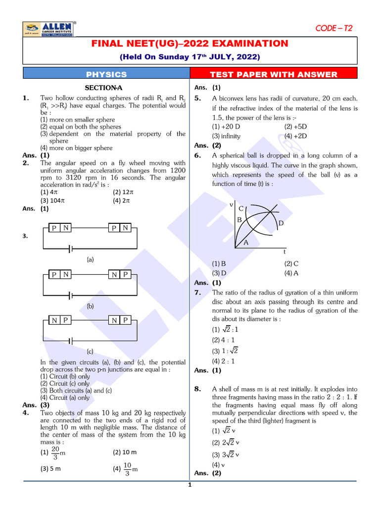 NEET (UG) - 2022 - CODE-T2 Paper With Answer | PDF | Standardized Tests ...