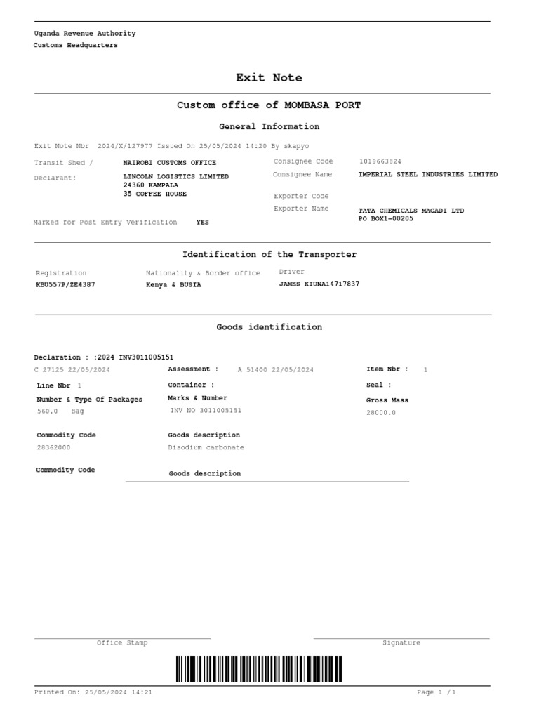 Exit Note: Custom Office of MOMBASA PORT | PDF