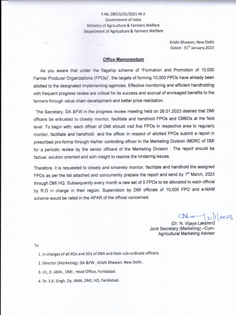Ministry of Agriculture Office Memorandum | PDF