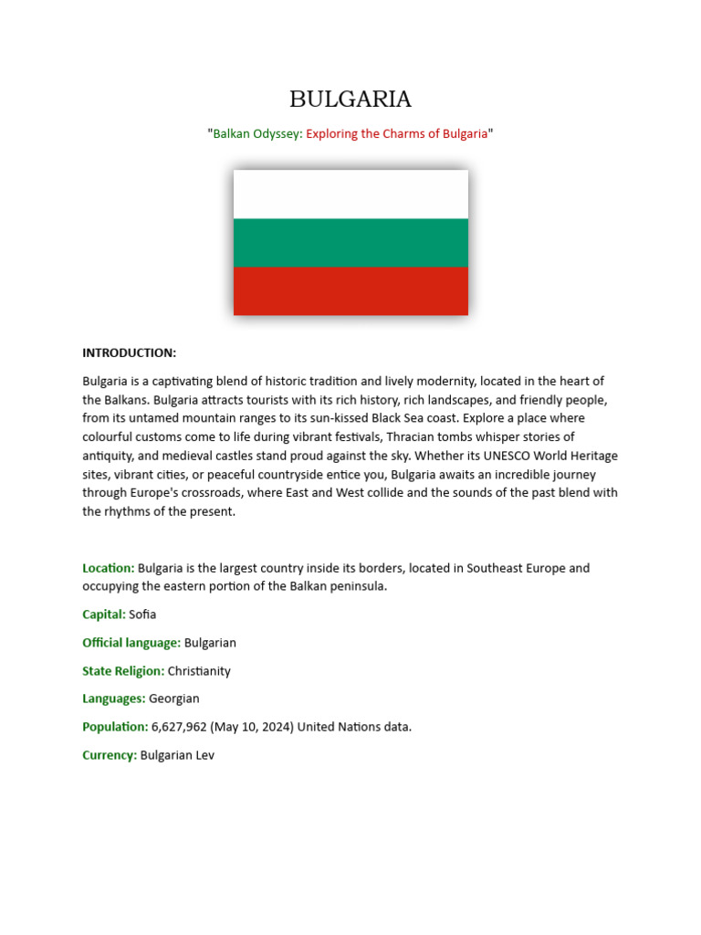 BULGARIA (Tour Guiding Country Research) | PDF | Gratuity | Bulgaria
