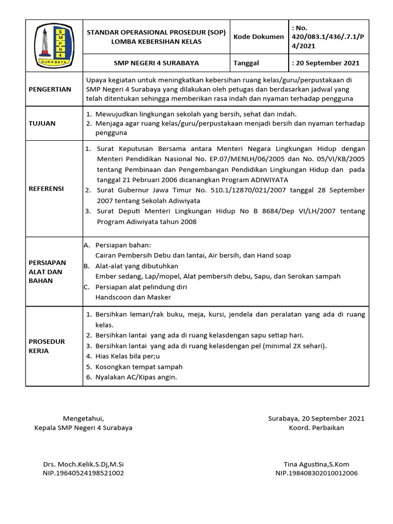 Sop Lomba Kebersihan Kelas Pdf