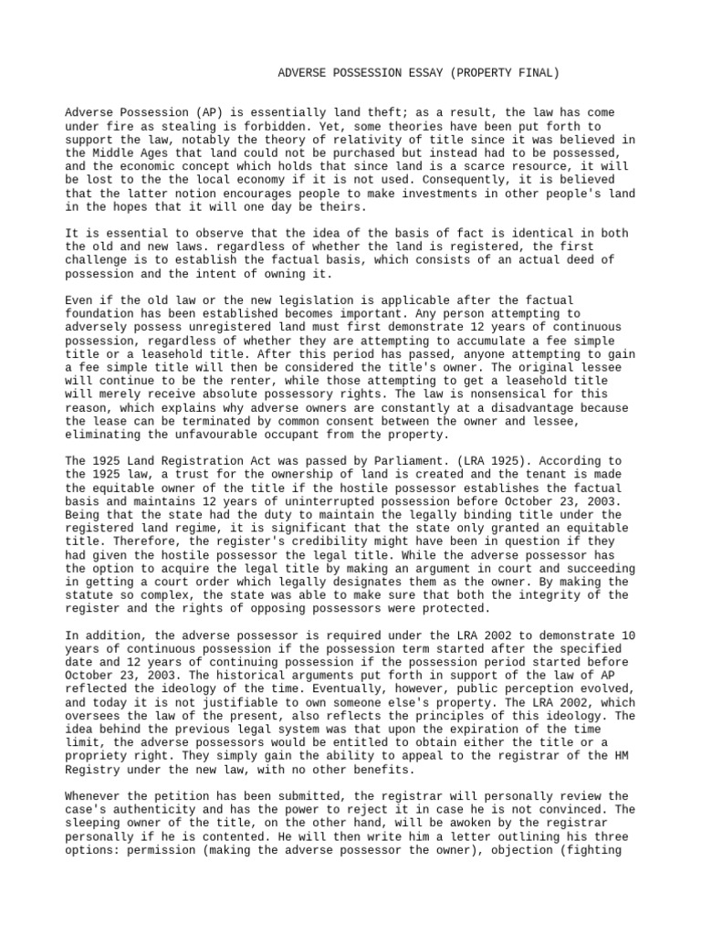 Adverse Possession Essay (Property Final) | PDF | Property | Common Law