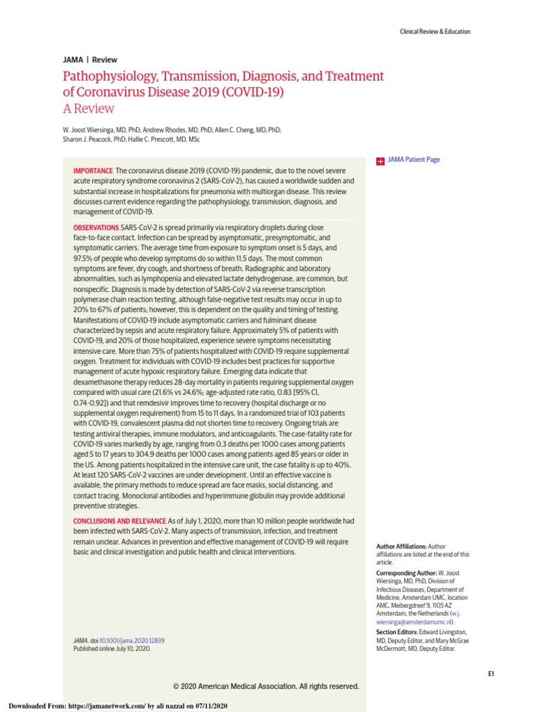 Pathophysiology, Transmission, Diagnosis, and Treatment of Coronavirus ...