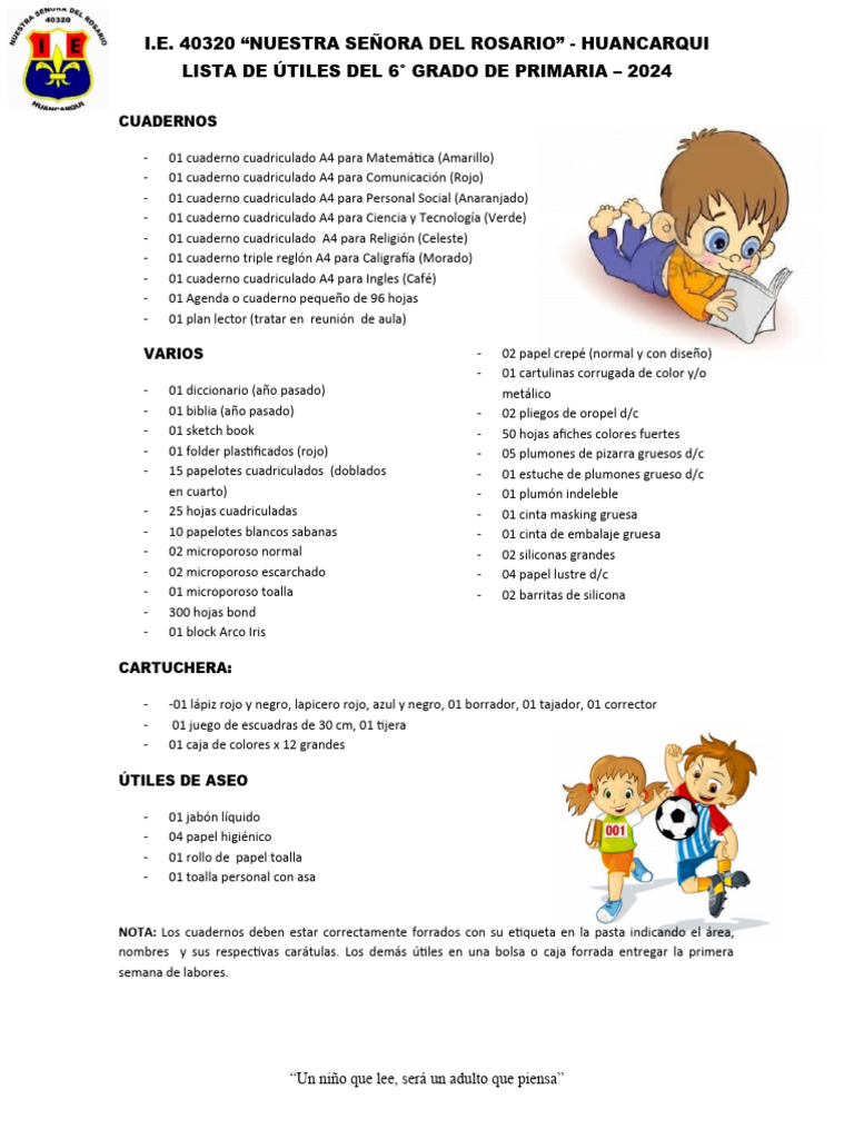 Lista de Útiles 6° Grado 2024 | PDF | Color | Arco iris