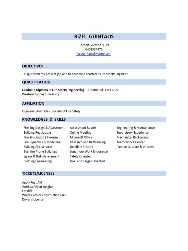 Resume - Fire Engineering 9-6-23 PDF | PDF | Fire Safety | Safety