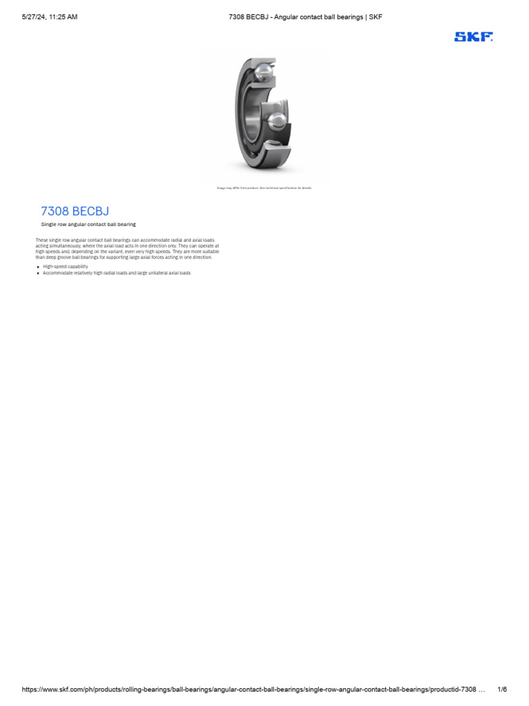 7308 BECBJ Angular Contact Bearing Specs | PDF | Bearing (Mechanical)