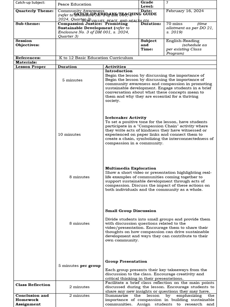 GRADE 7-Peace and Val Ed Catch-Up Plan | PDF | Sustainable Development ...