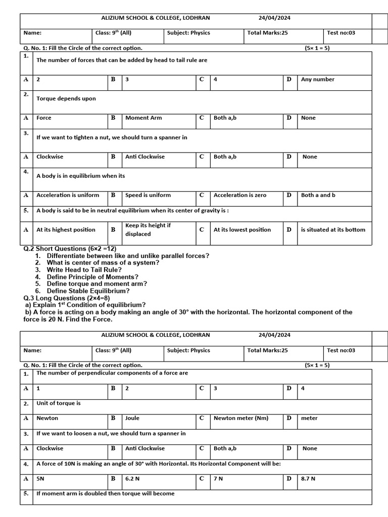Class 9 Physics Test Paper - Forces & Equilibrium | PDF | Force | Torque