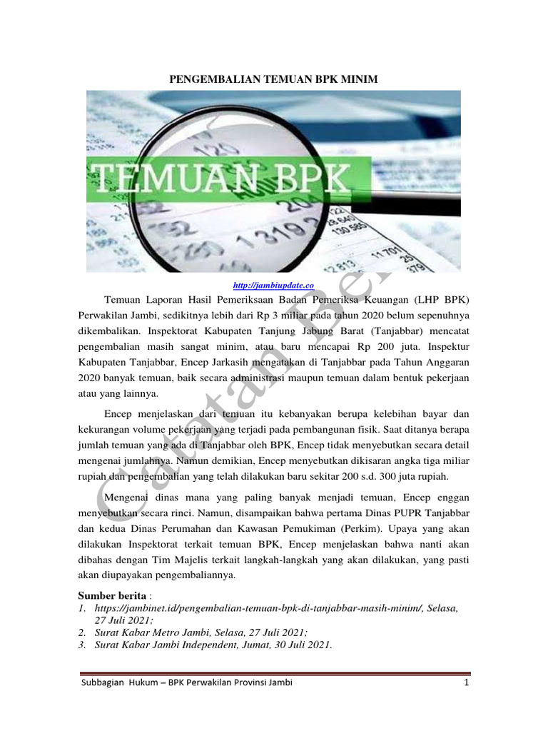Minimnya Pengembalian Temuan BPK Jambi | PDF | Pengelolaan Keuangan ...