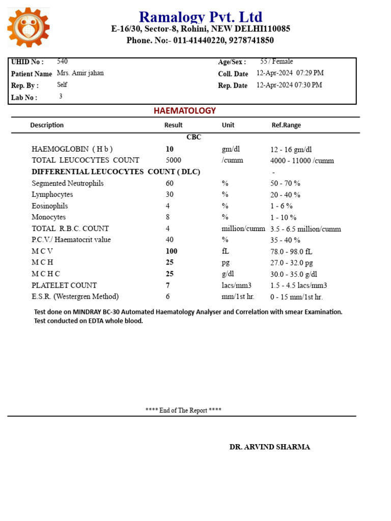 Hematology Report for Mrs. Amir Jahan | PDF