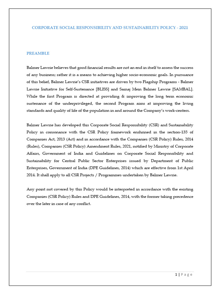 Balmer Lawrie CSR and Sustainability Policy | PDF | Corporate Social ...