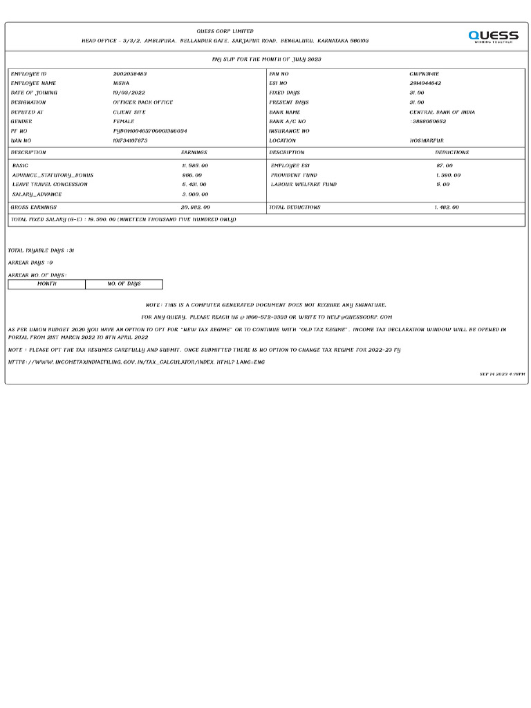 Nisha - July 2023 - Salary Slip - July-2023 | PDF