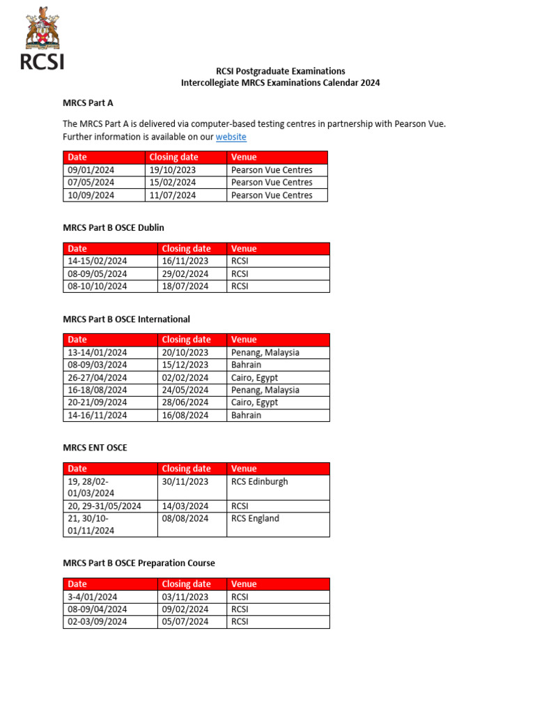 RCSI Professional Examinations Surgery Examinations Calendar 2024 PDF