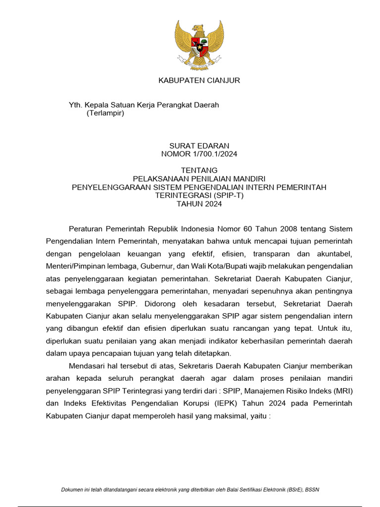 Penilaian Mandiri SPIP-T 2024 Cianjur | PDF