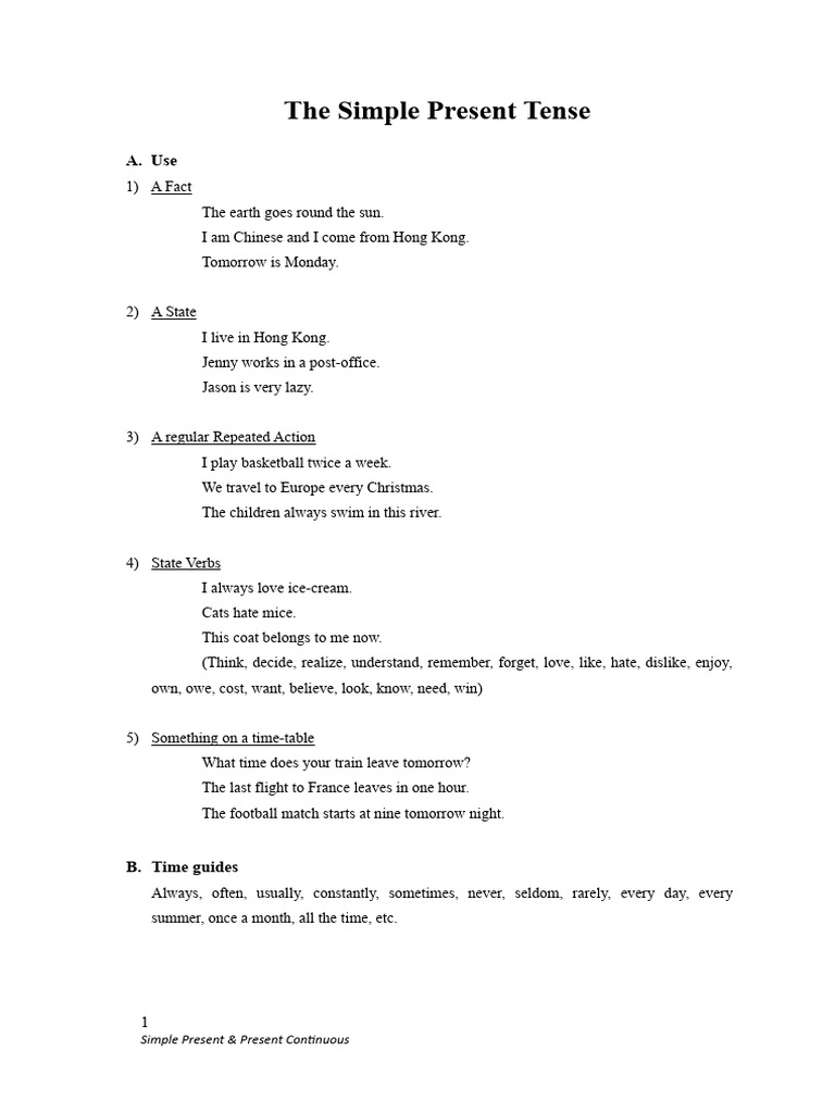 Simple Present and Continuous Tenses Guide | PDF | Language Arts ...