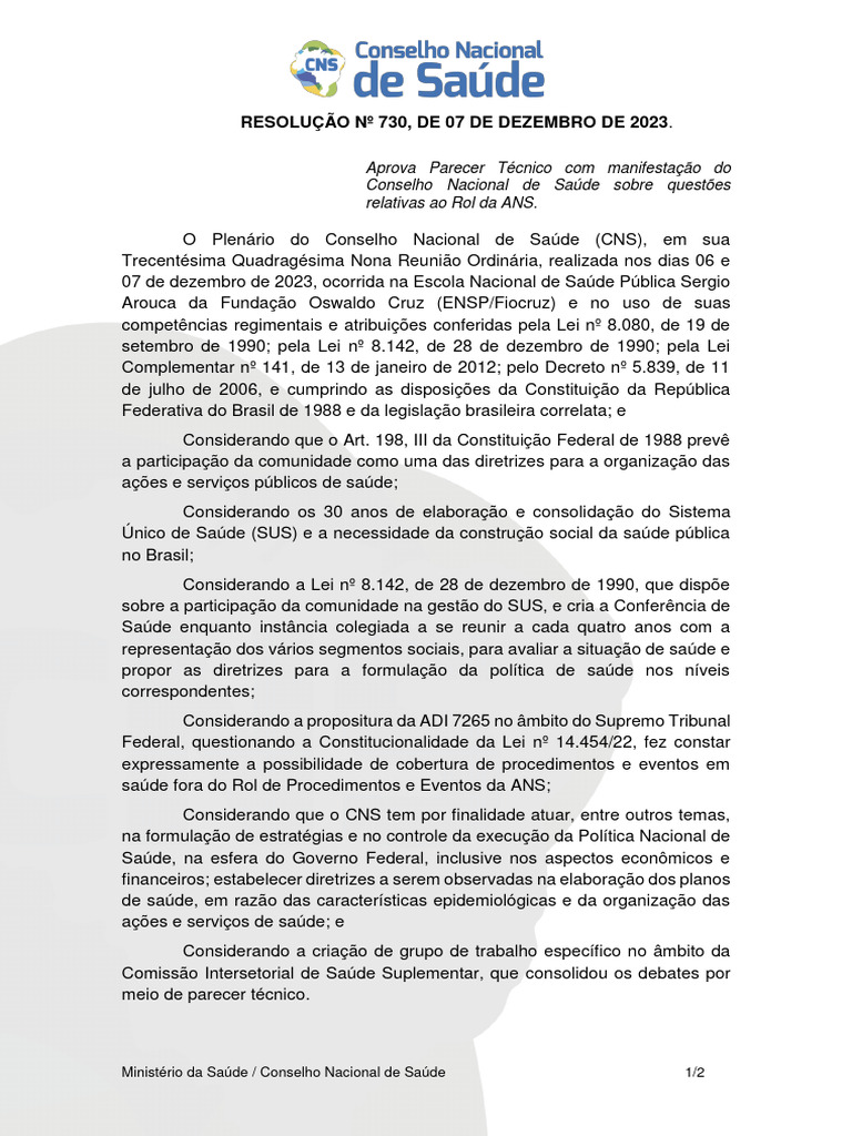 Resolução CNS sobre Rol da ANS em 2023 | PDF | Setor terciário da ...