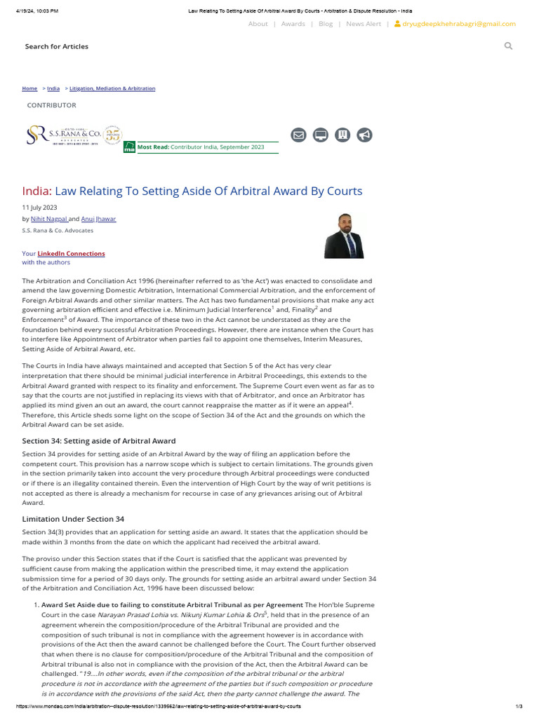 Law Relating To Setting Aside of Arbitral Award by Courts Arbitration ...