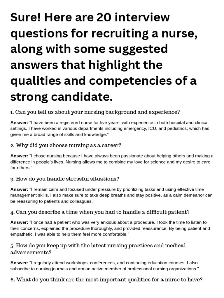 20 Essential Nurse Interview Questions | PDF | Nursing | Patient