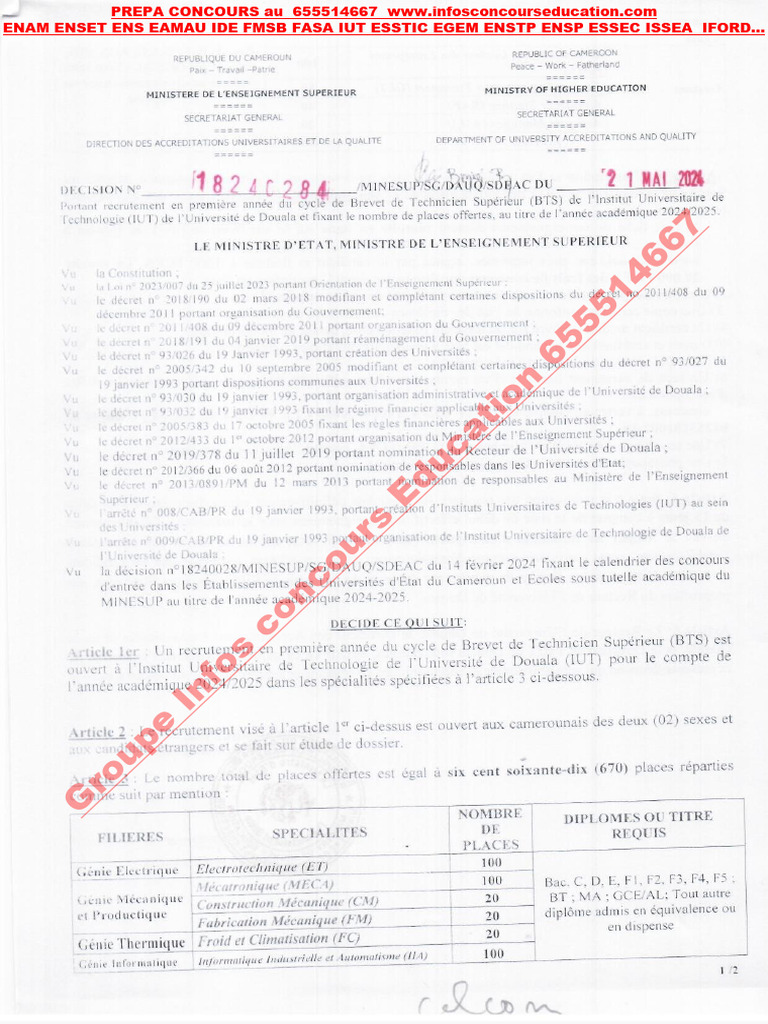 ConcoursIUT UDla 2024 1ereAnnee CycleBTS PDF — free download