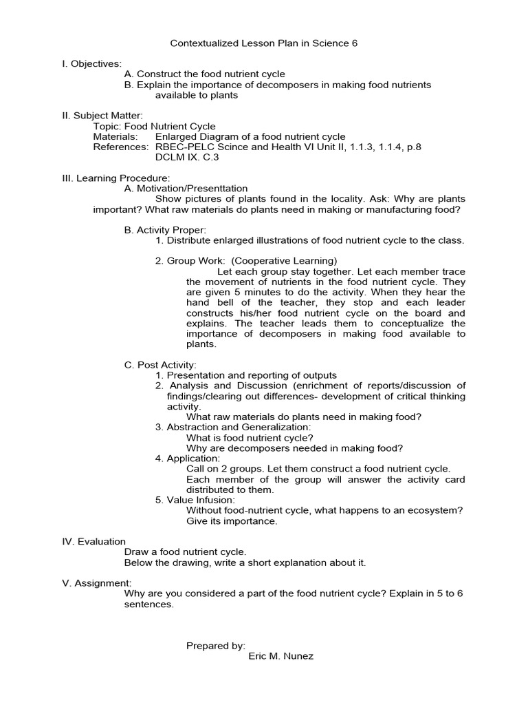 Contextualized Lesson Plan in Science 6 | PDF | Lesson Plan | Foods