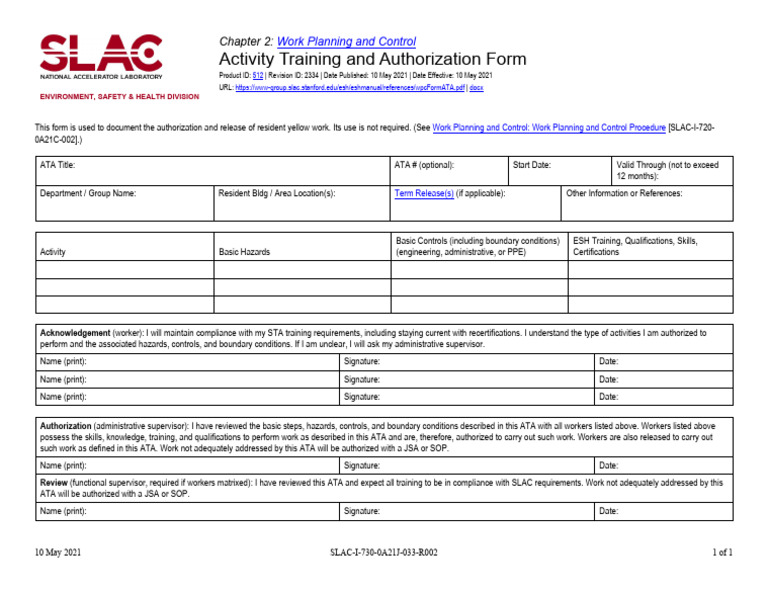 Activity Training and Authorization Form: Work Planning and Control ...