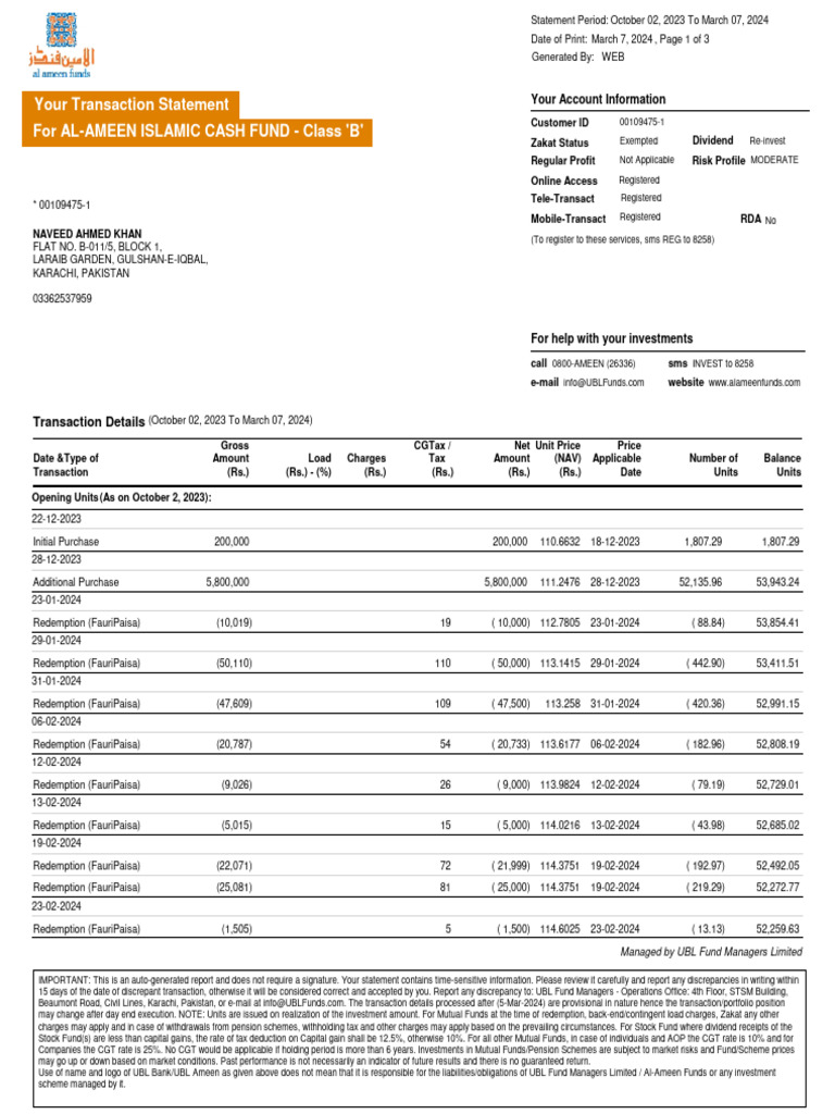 UBL Fund Managers Transaction Statement | PDF | Investing | Capital ...