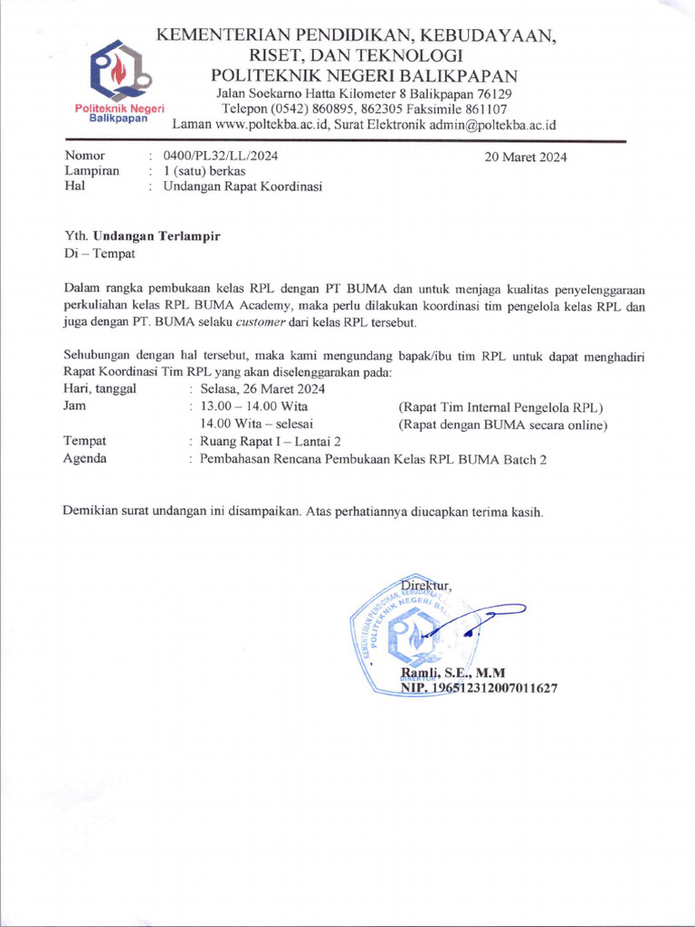 0400 Undangan Rapat Koordinasi Rpl Buma | PDF