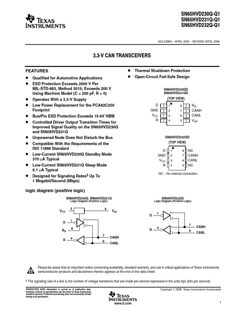 Datasheet - Transceiver CAN - Sgls398a | PDF | Electrical Engineering ...