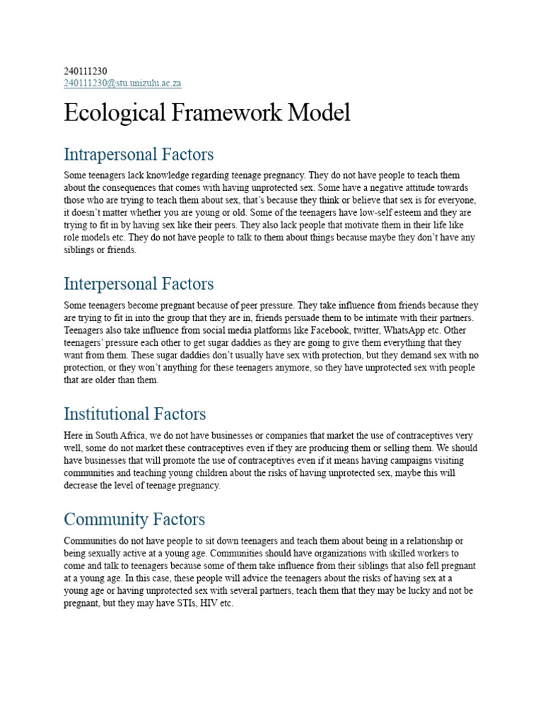 Ecological System Framework | PDF | Adolescence | Safe Sex