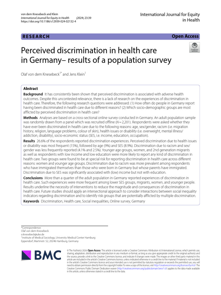 Perceived Discrimination in Health Care in Germany Results of A ...