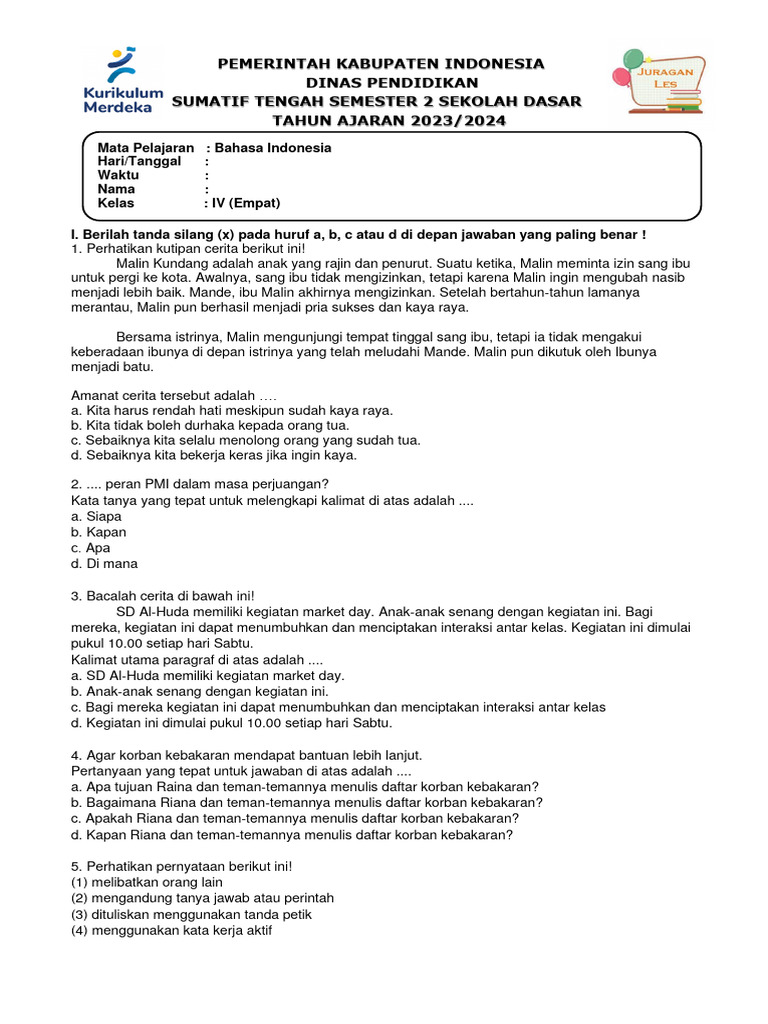 Soal PTS Bahasa Indonesia Kelas 4 Semester 2 | PDF