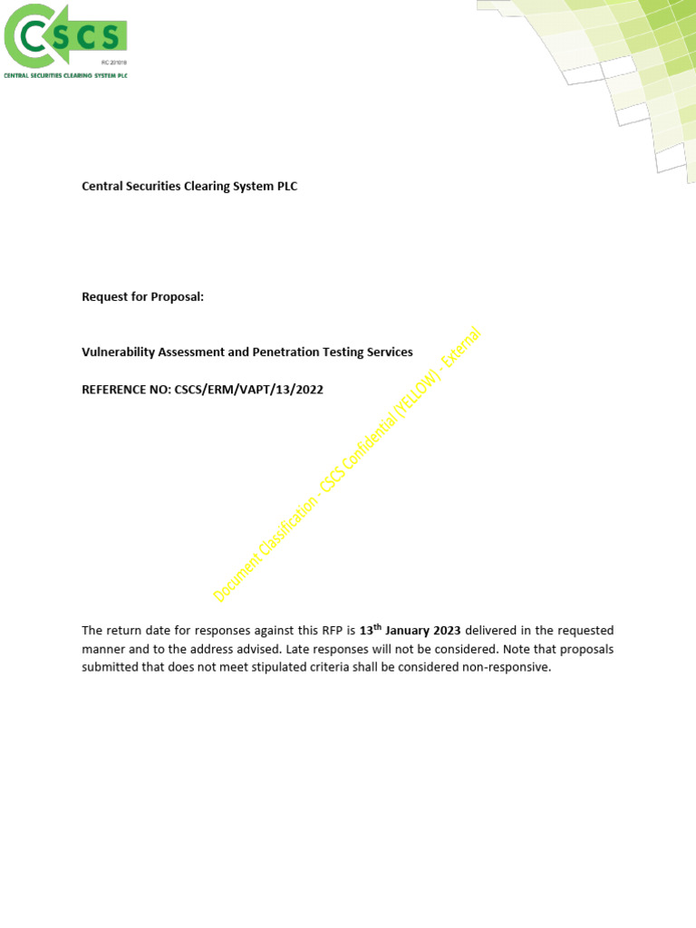VAPT Services RFP for CSCS 2022 | PDF | Request For Proposal | Clearing ...