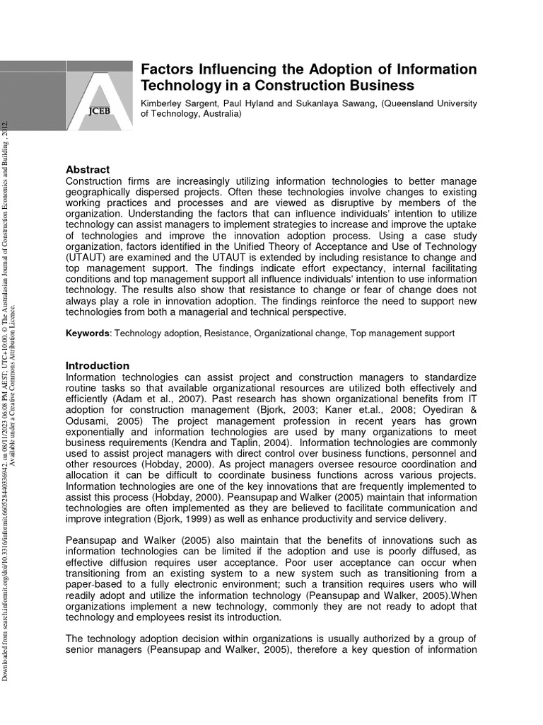 Factors Influencing IT Adoption in Construction | PDF | Innovation ...
