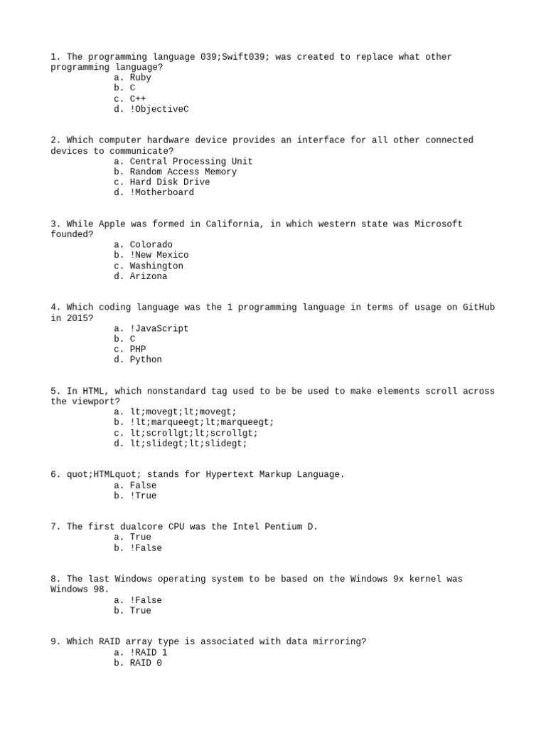 Programming and Sports Trivia Quiz | PDF | C (Programming Language ...