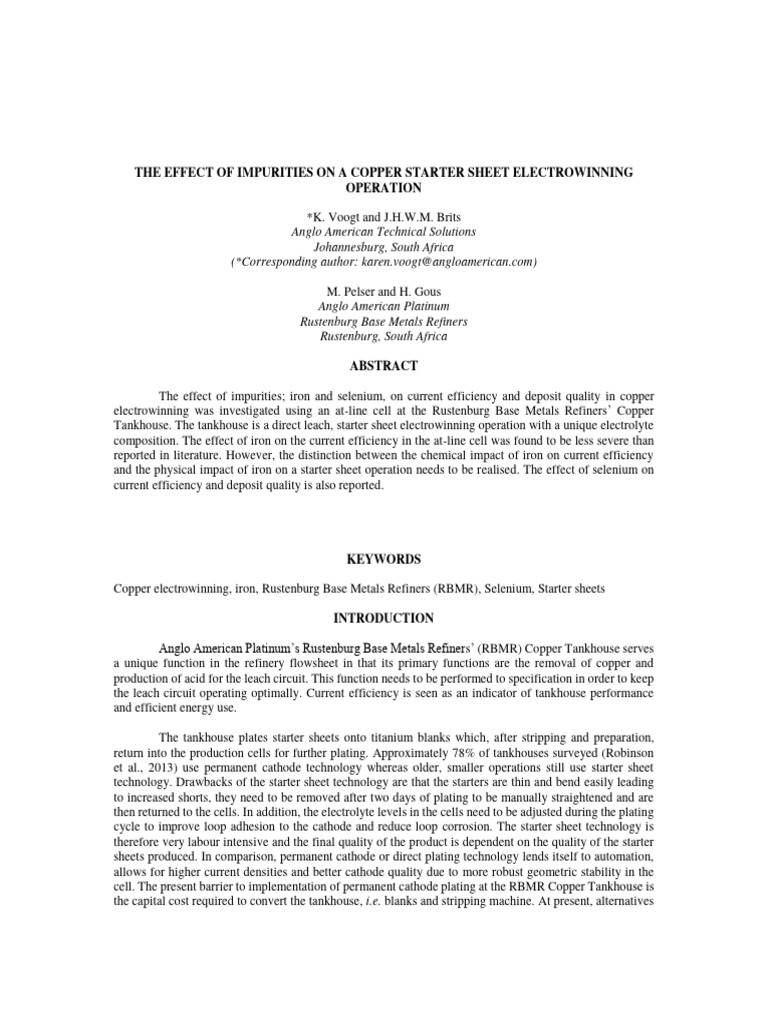 Impurities Impact on Copper Electrowinning | PDF | Anode | Electrode
