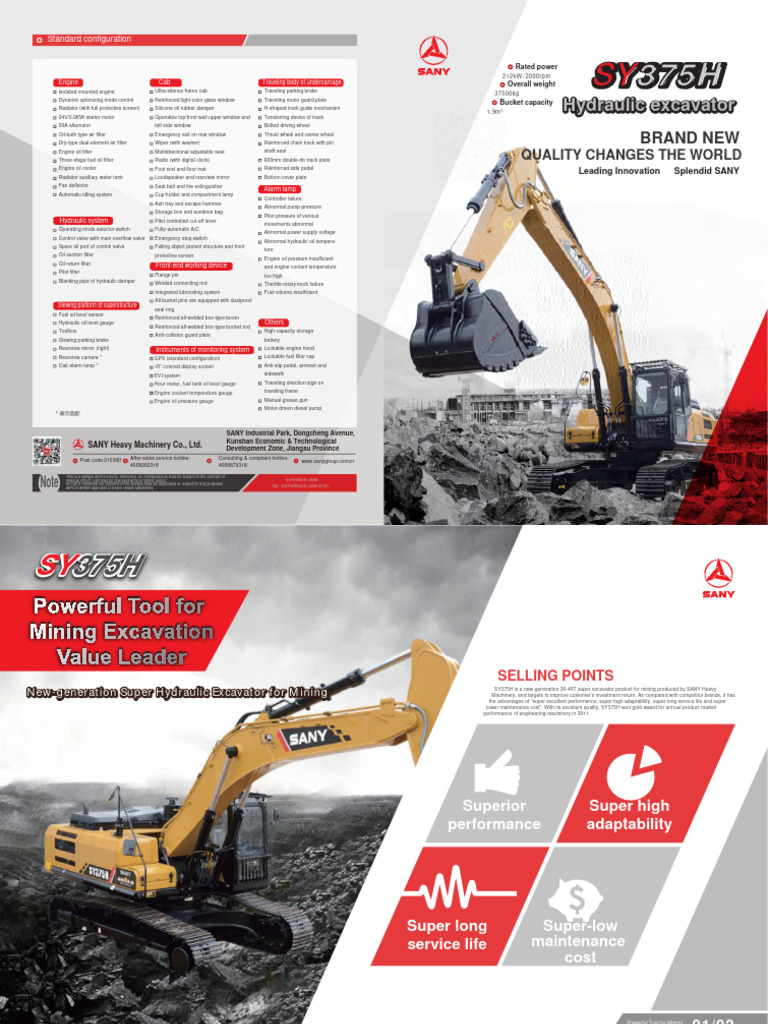SANY SY375H Excavator Specifications | PDF | Pump | Machines