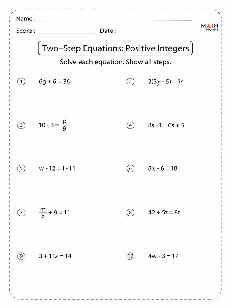 Two Step Equations Worksheet Positive Integers40 | PDF