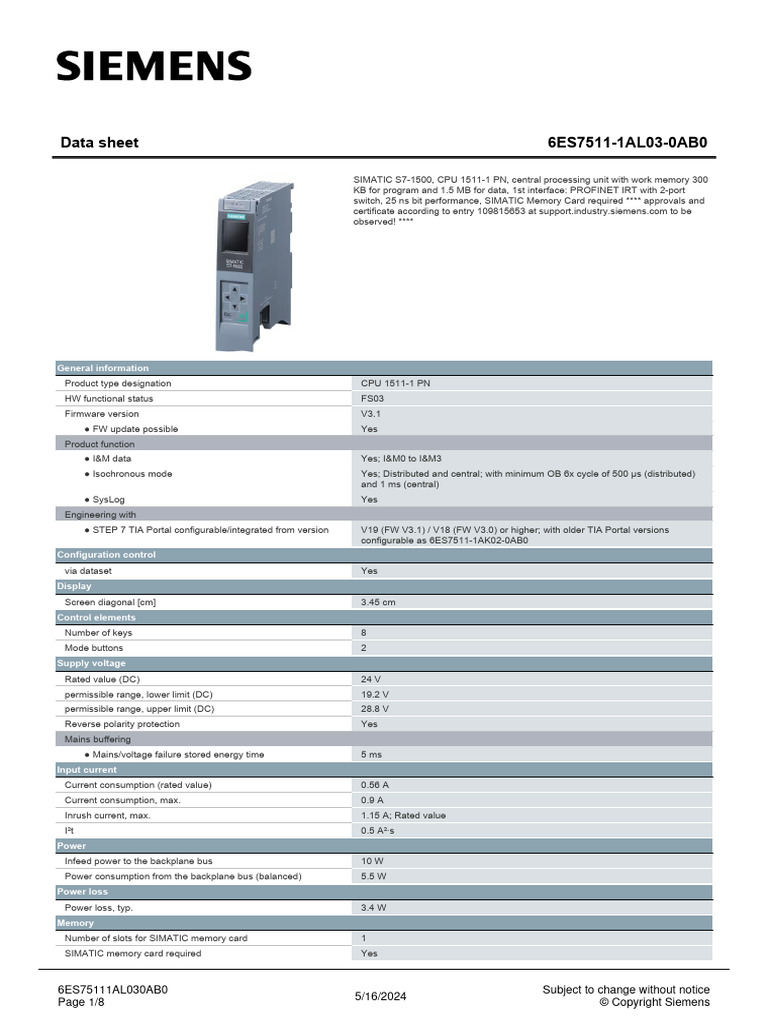 6ES75111AL030AB0 Datasheet en | PDF | Computing | Computer Engineering