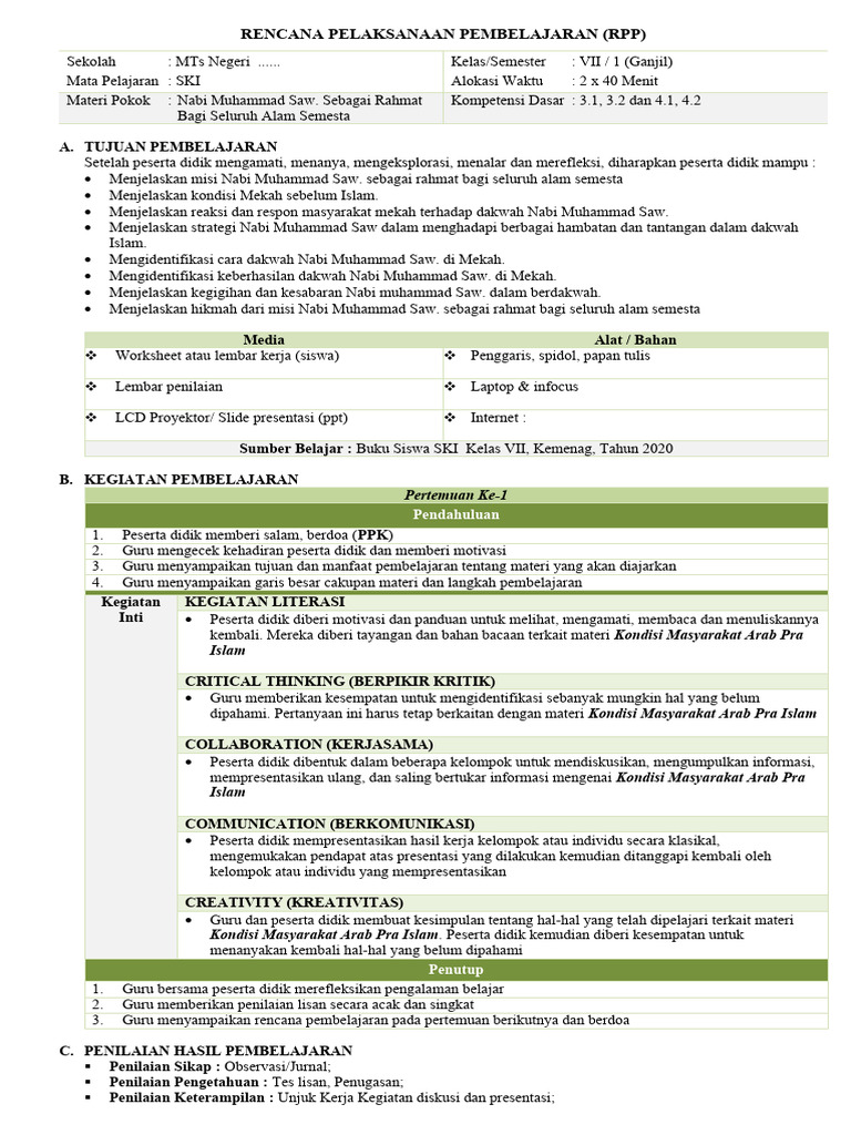 RPP SKI Kelas 7: Nabi Muhammad Saw. | PDF | Karier & Perkembangan | Seni
