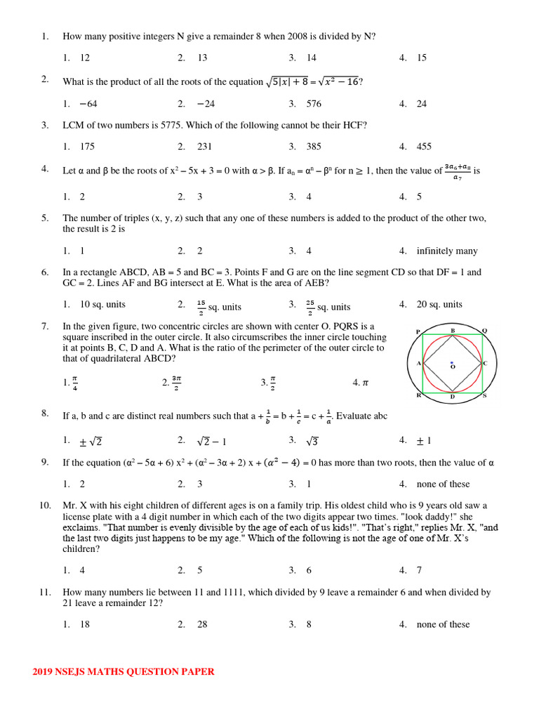 2019 NSEJS Maths Question Paper | PDF | Triangle Geometry | Euclidean ...