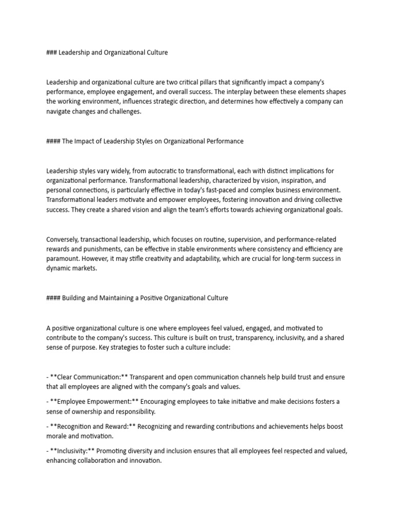 Leadership's Role in Organizational Culture | PDF | Leadership ...