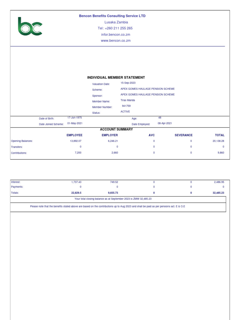 APEX Gomes Pension Scheme Statement | PDF | Pension | Labor