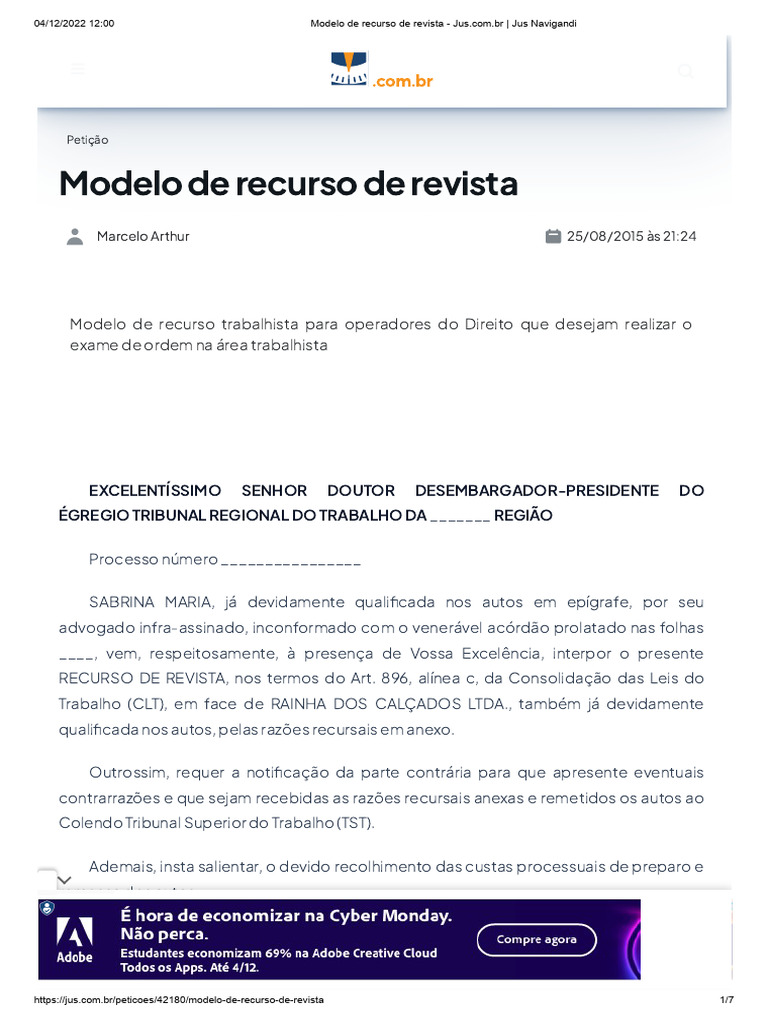 Modelo de Recurso de Revista Trabalhista | PDF | Salário | Advogado